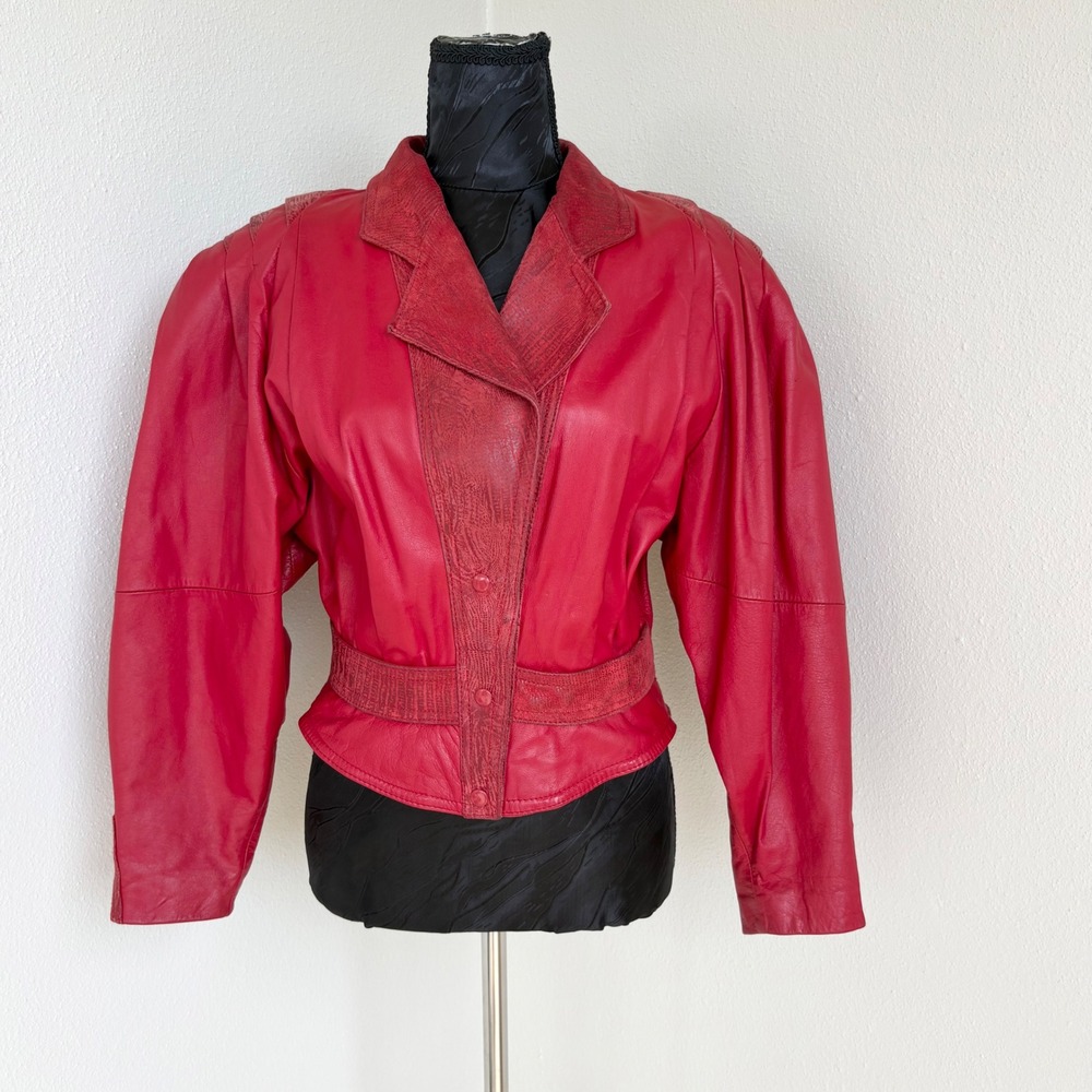 Vintage 80s G-III Puff Shoulder Snakeskin Trim Leather Jacket Women S Red Retro
